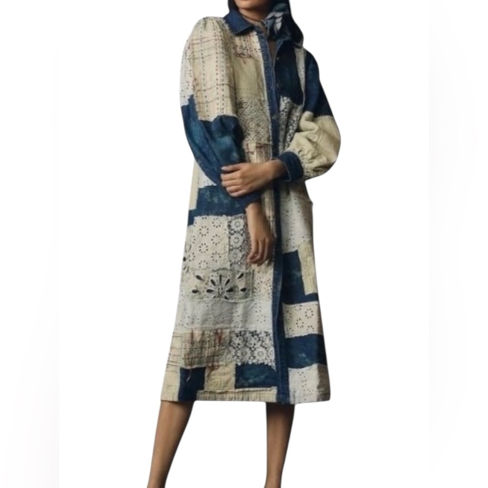 Anthropologie Blue and Cream Patchwork Midi Dress